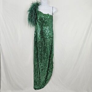 Sequin Prom Gown Party Dress Size 9/10 Emerald Green Feathered One Shoulder Vtg